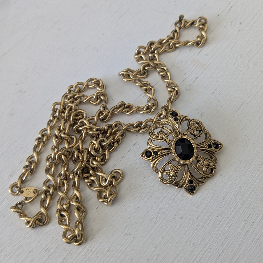 Trifari Long Gold Necklace and Avon Gold and Black Necklace Enhancer